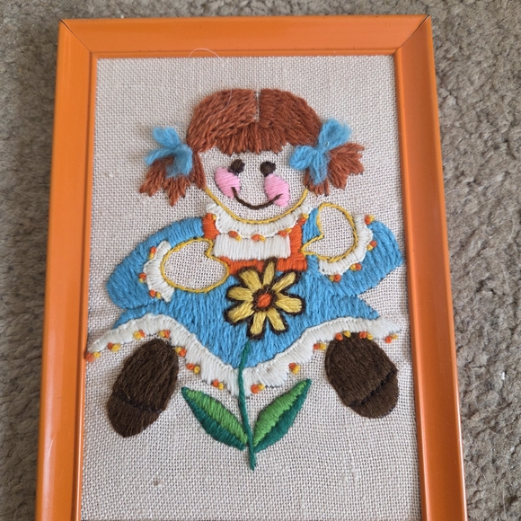 Handmade Other - Vintage Crewel Embroidered Doll Orange 70's